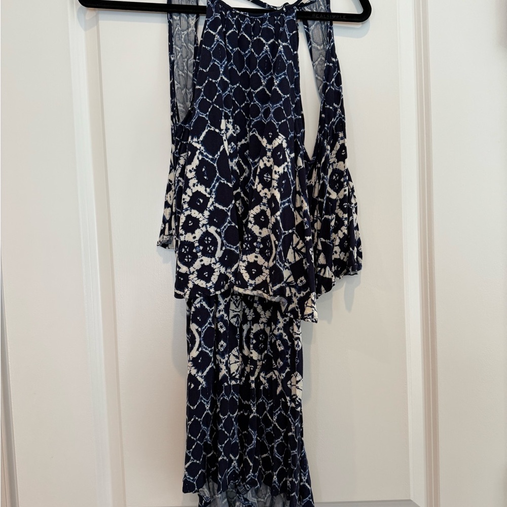 BB Dakota Navy and Cream Patterned romper with open back